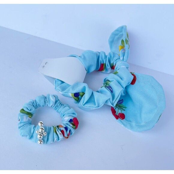 2 New Bow Scrunchie Hair Tie Blue Floral Cotton - Picture 8 of 12